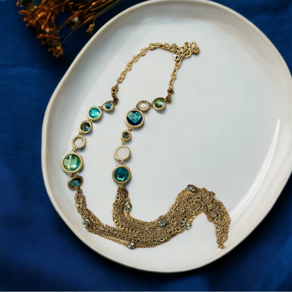 Gorgeous Multi Strand Light Gold Tone St Thomas Blue Aqua Rhinestone Necklace